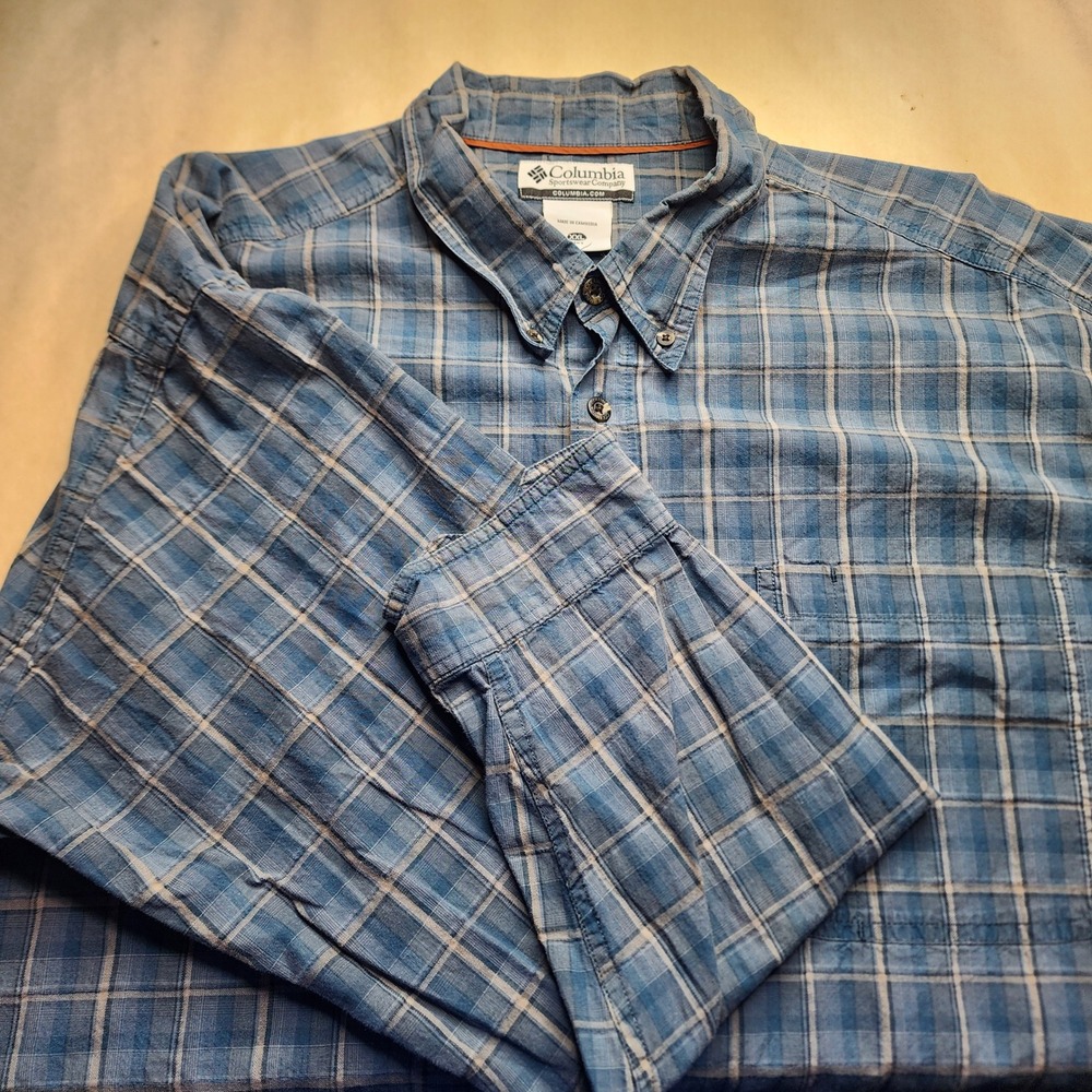 Columbia Mens Blue Plaid Long Sleeve Button Down Cotton Shirt XXL AM7111